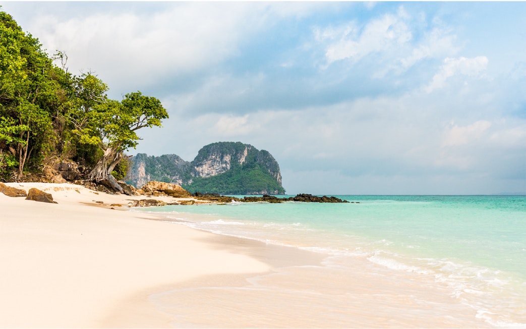 Phi Phi Island beach with turquoise water and lush greenery.