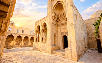 Palace of the Shirvanshahs courtyard with intricate stone arches, Baku.