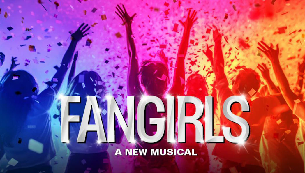 Silhouettes of people celebrating with confetti under colorful lights, promoting Fangirls musical.