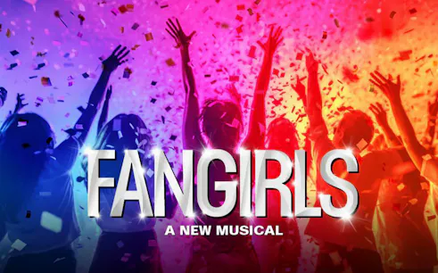 Silhouettes of people celebrating with confetti under colorful lights, promoting Fangirls musical.
