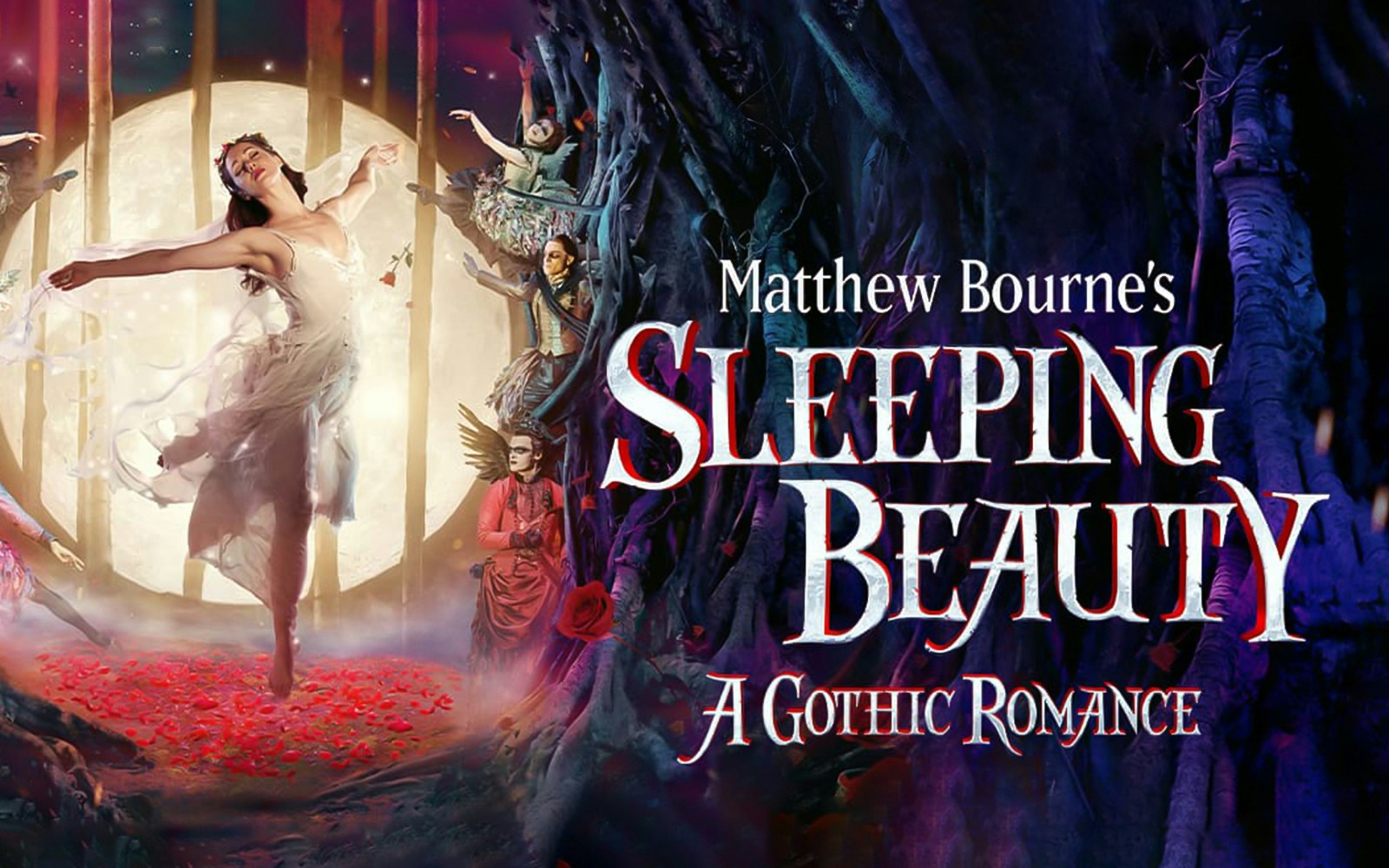 Dancer in white dress performing in front of a moonlit forest for Matthew Bourne's Sleeping Beauty.