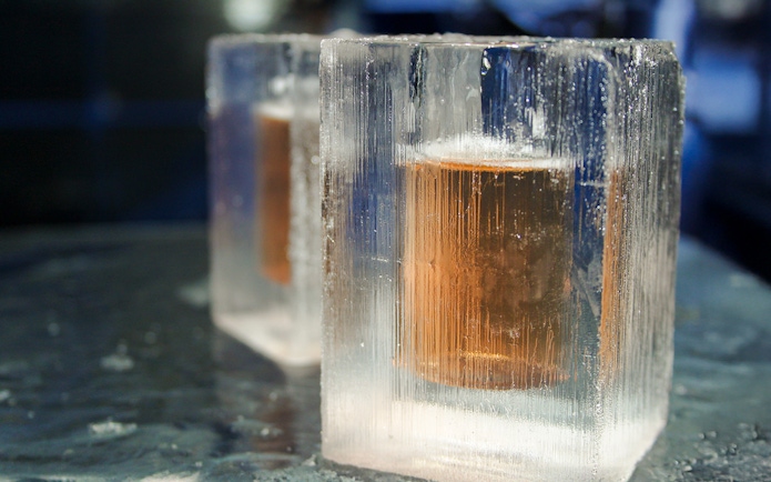 Drinks served in ice glasses at Berlin Icebar.