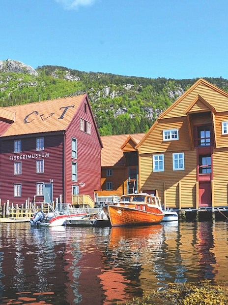 Bergen harbor with historic wooden buildings and boats, seen on a sightseeing cruise.