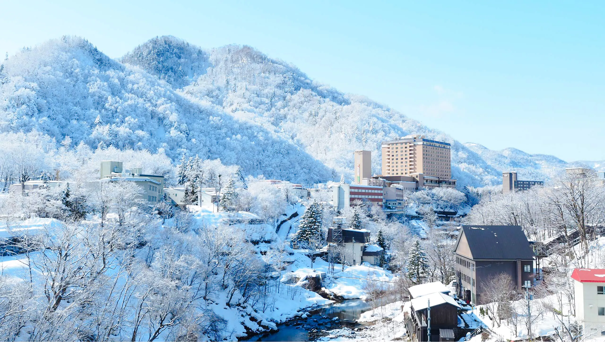 Snow-covered landscape with buildings and mountains in Sapporo, Hokkaido.