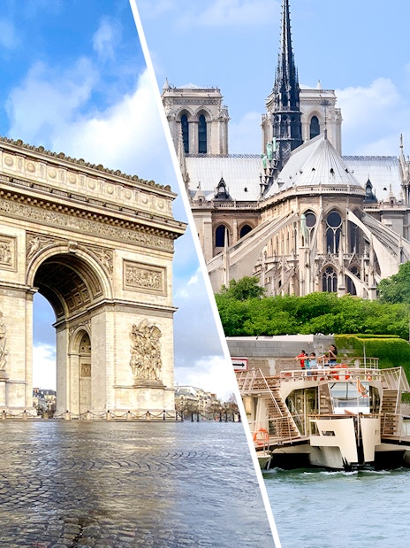 Arc de Triomphe and Seine River cruise boat in Paris, France.
