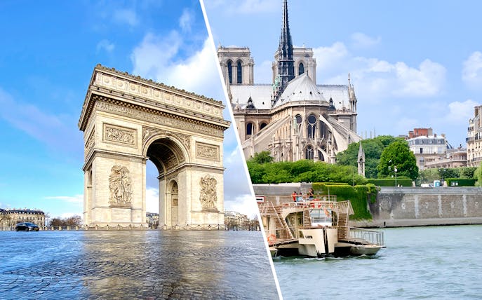Arc de Triomphe and Seine River cruise boat in Paris, France.