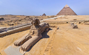 Great Sphinx and Pyramid of Khafre in Giza, Egypt, viewed during a guided day tour from Hurghada.