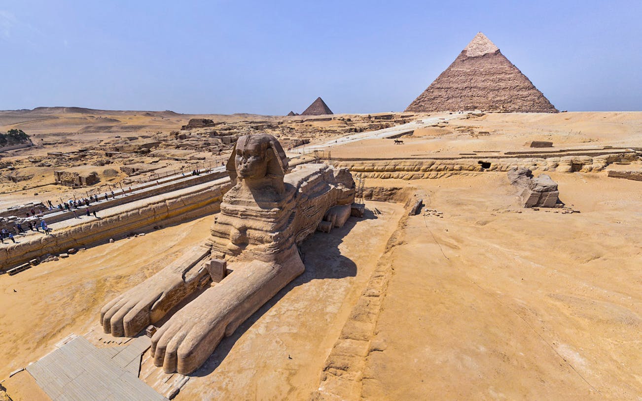 Great Sphinx and Pyramid of Khafre in Giza, Egypt, viewed during a guided day tour from Hurghada.