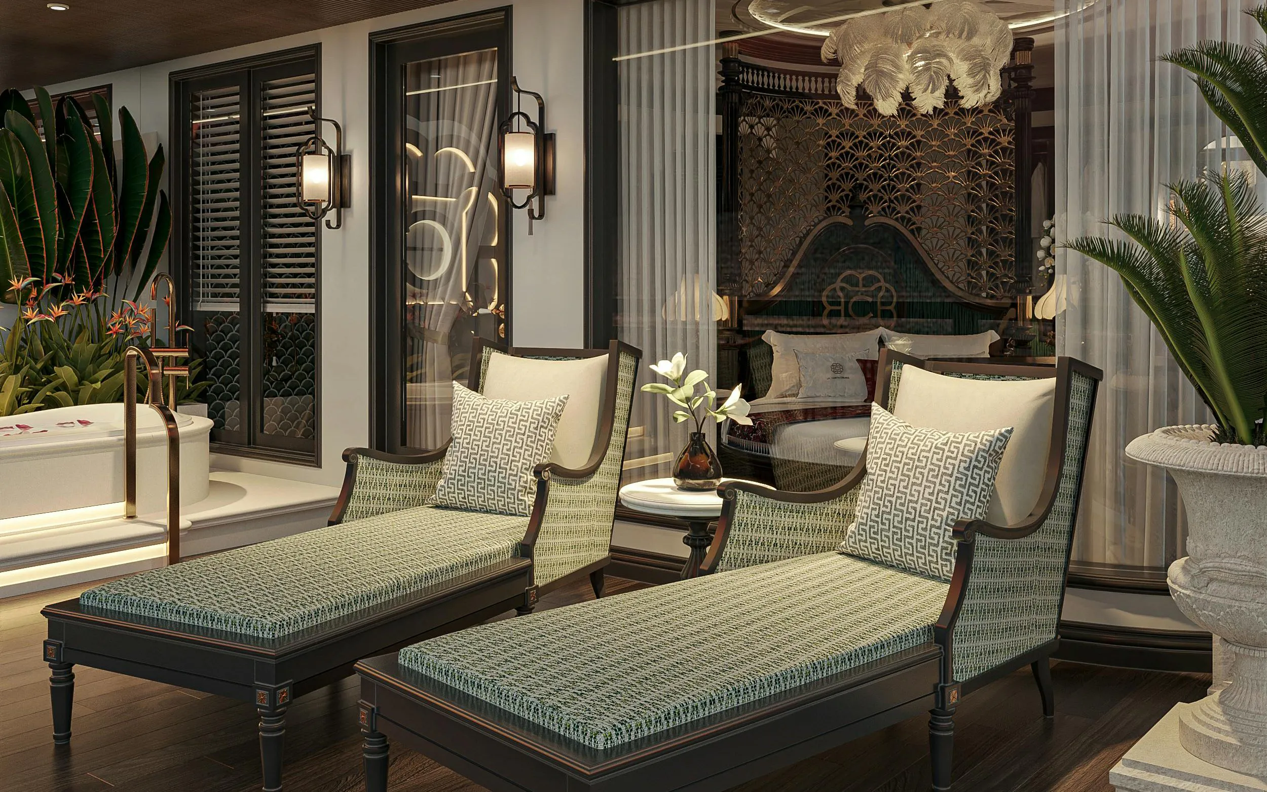 Luxurious suite interior on La Casta Star Cruise, Lan Ha Bay, featuring elegant lounge chairs and decor.