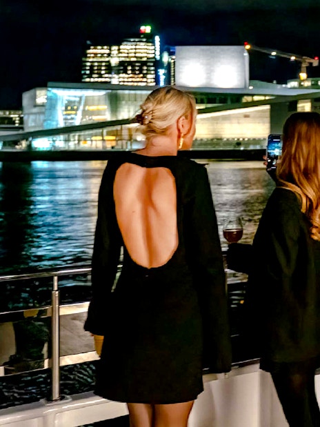 Guests enjoying Oslo skyline on a dinner cruise at night.
