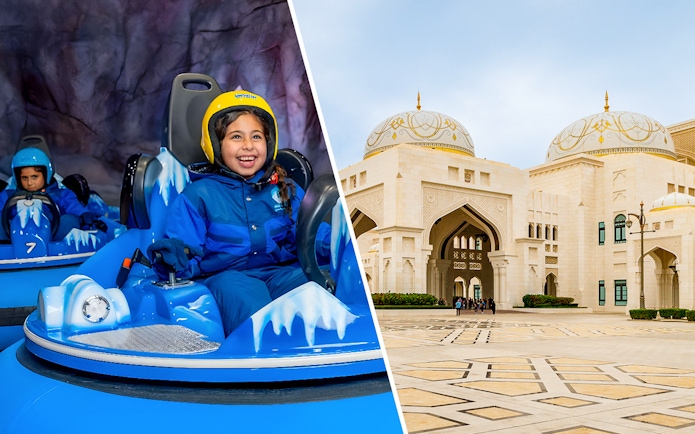 Children enjoying indoor snow park ride; exterior of Qasr Al Watan, Abu Dhabi.