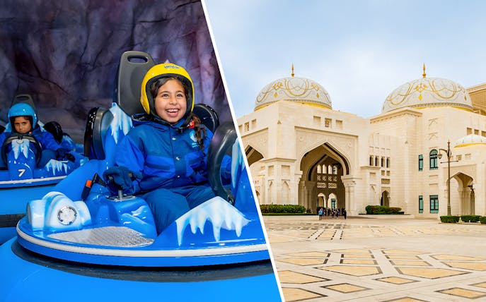Children enjoying indoor snow park ride; exterior of Qasr Al Watan, Abu Dhabi.