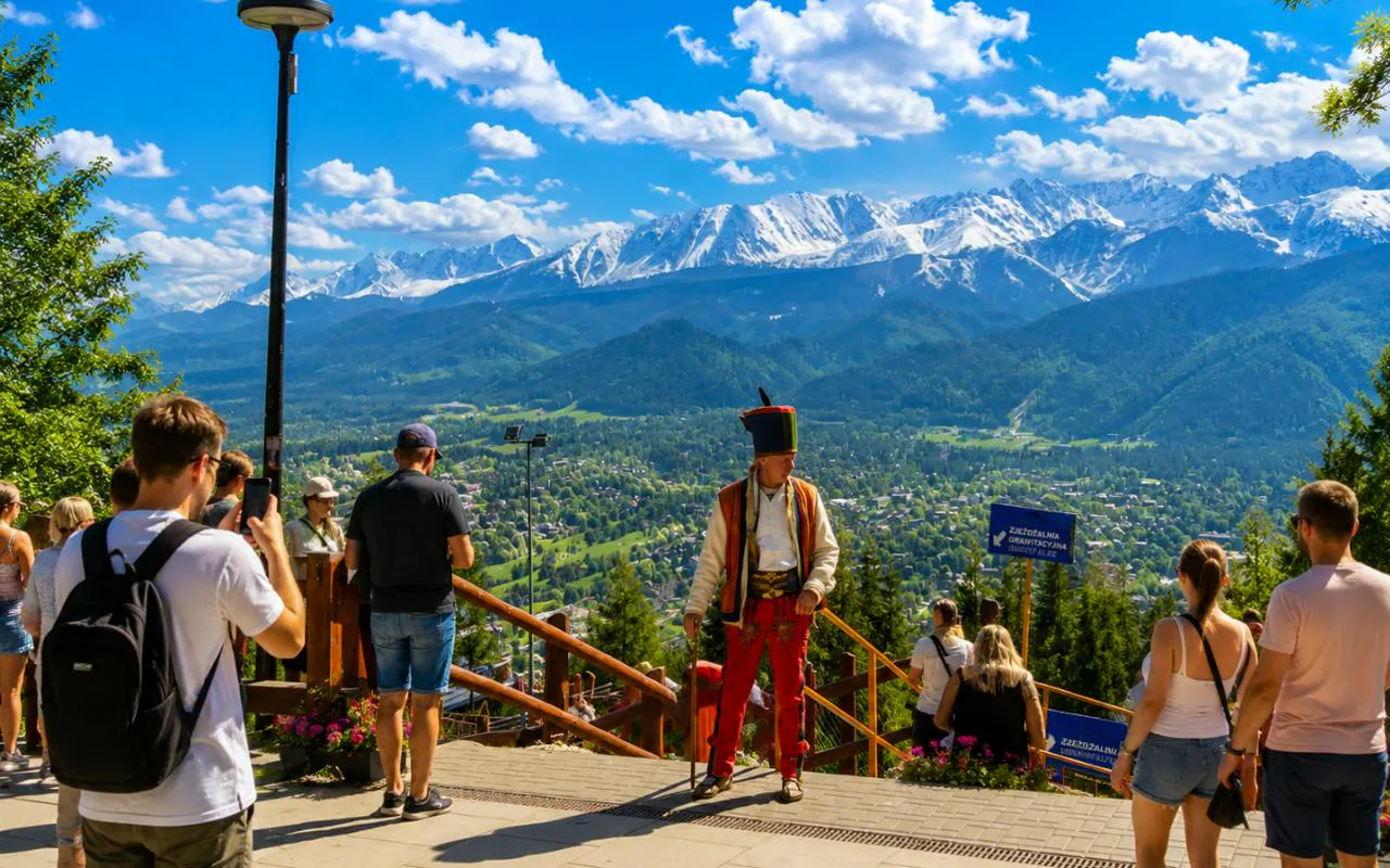 Tourists at Gubałówka with Tatra Mountains view, Zakopane day tour from Krakow.