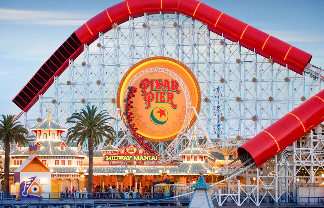 Pixar Pier roller coaster at Disneyland Adventure Park, California.