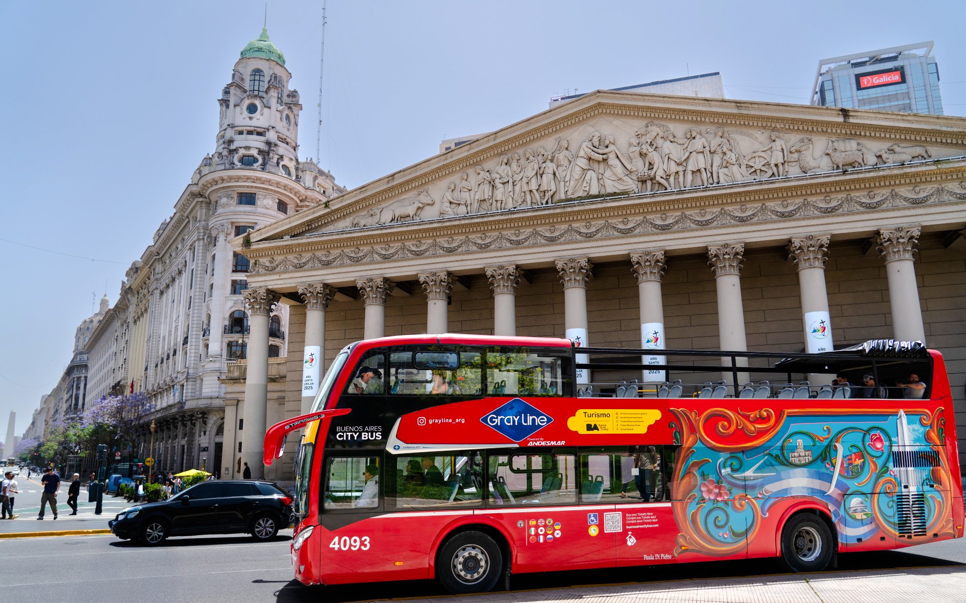 Hop-on hop-off bus near Buenos Aires Metropolitan Cathedral, Argentina.