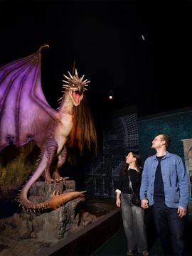 Couple admiring dragon model at Harry Potter The Exhibition.