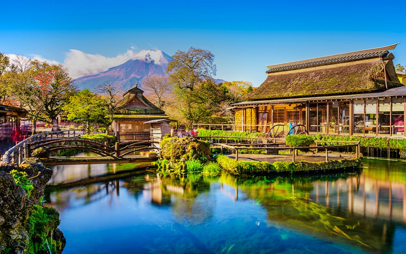 Oshino Hakkai village pond with clear spring water from Mount Fuji, Japan.