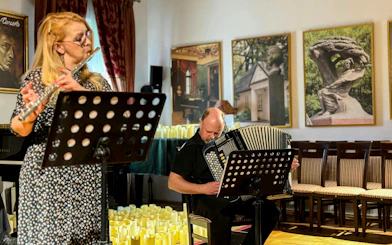 Musicians playing flute and accordion at a Klezmer concert in Krakow.
