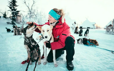 Guests interacting with huskies during self-drive sledding tour in snowy Tromso.