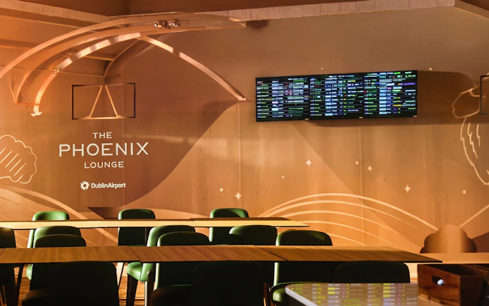 Phoenix Lounge seating area with flight information screen, Dublin Airport Terminal 1.