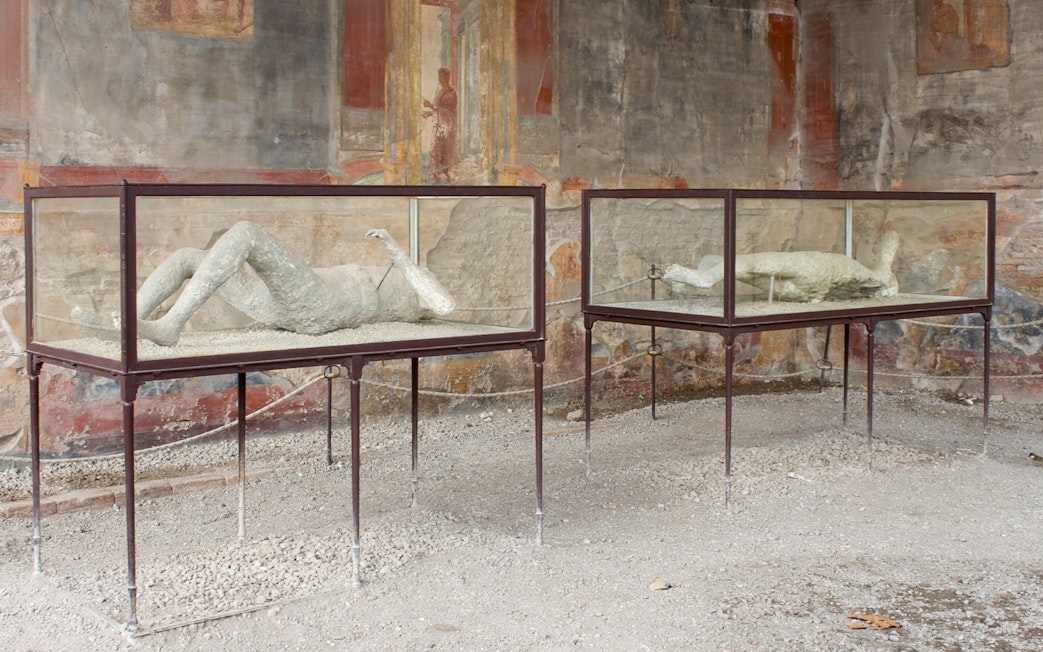 Victims of Pompeii eruption displayed in glass cases with ancient frescoes in the background.