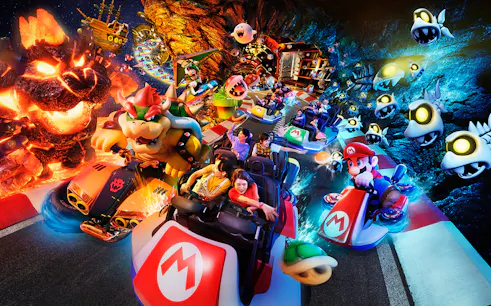 Visitors enjoying Mario Kart ride at Universal Studios Japan with Express Pass for priority access.