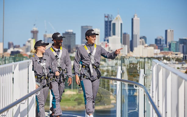 Visitors on Optus Stadium Vertigo tour overlooking Perth skyline.