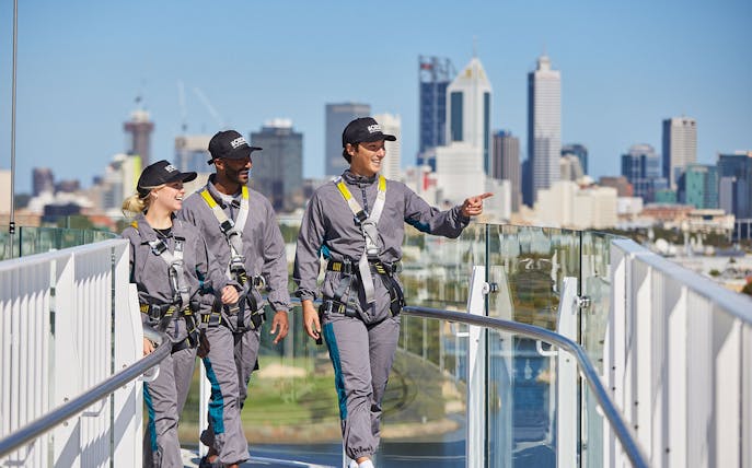 Visitors on Optus Stadium Vertigo tour overlooking Perth skyline.