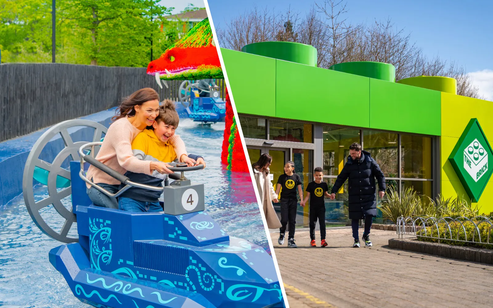 Family enjoying a boat ride and walking outside The Brick at Legoland Windsor.