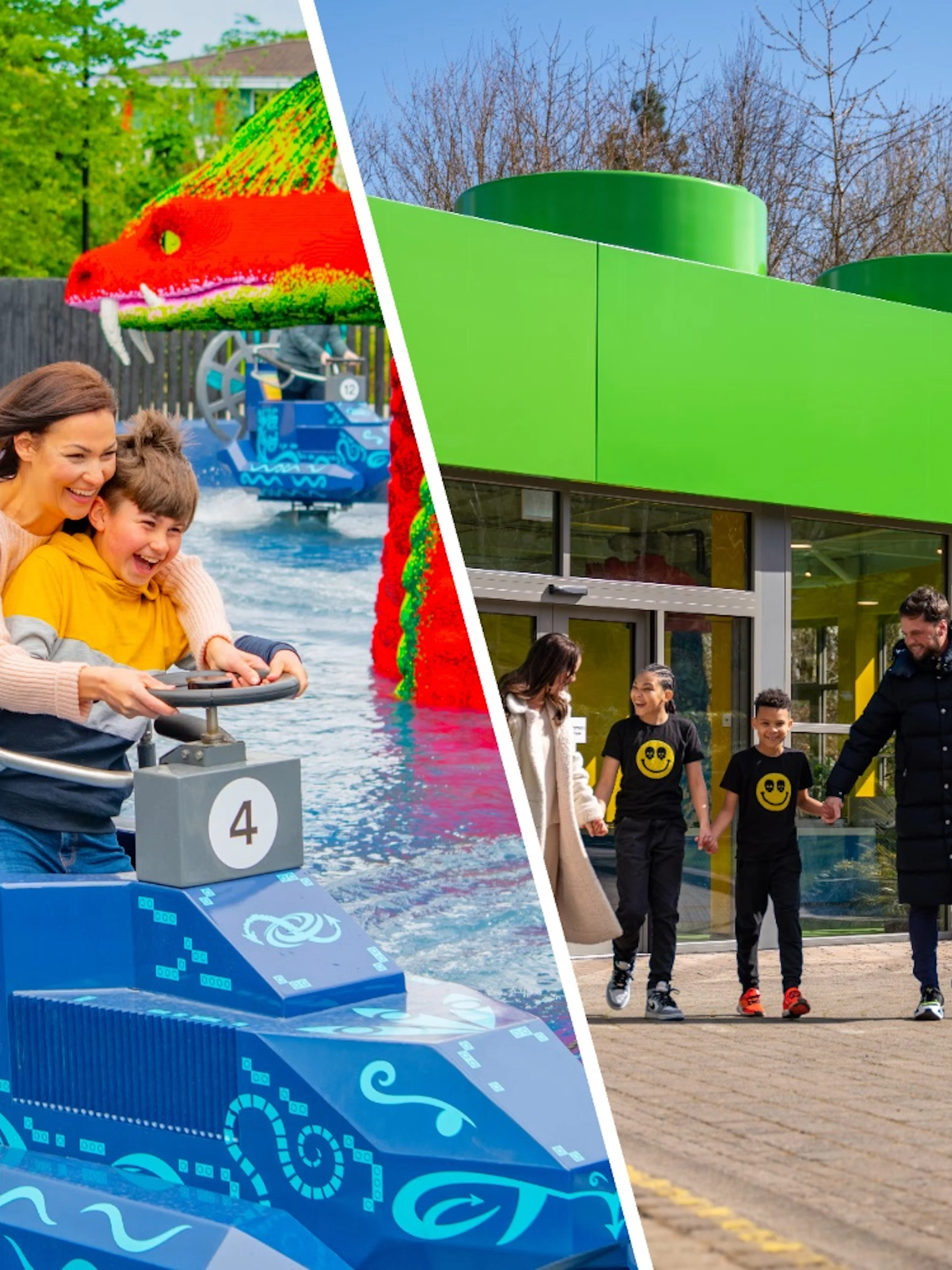 Family enjoying a boat ride and walking outside The Brick at Legoland Windsor.