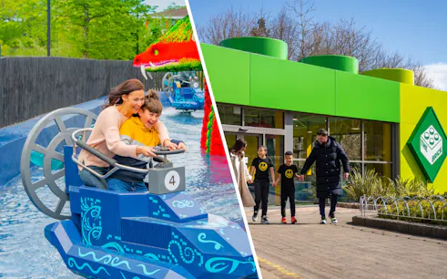 Family enjoying a boat ride and walking outside The Brick at Legoland Windsor.
