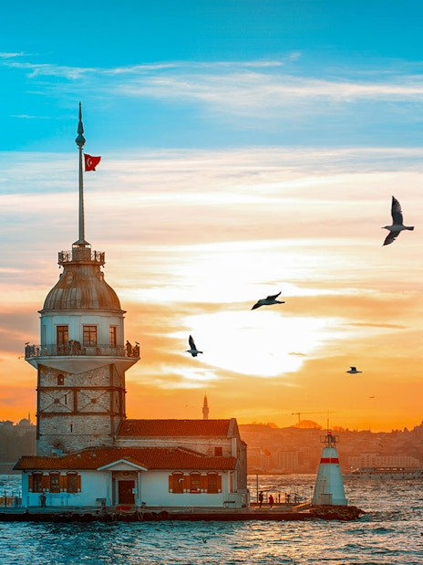 Bosphorus sunset view with Maiden's Tower and seagulls, Istanbul.