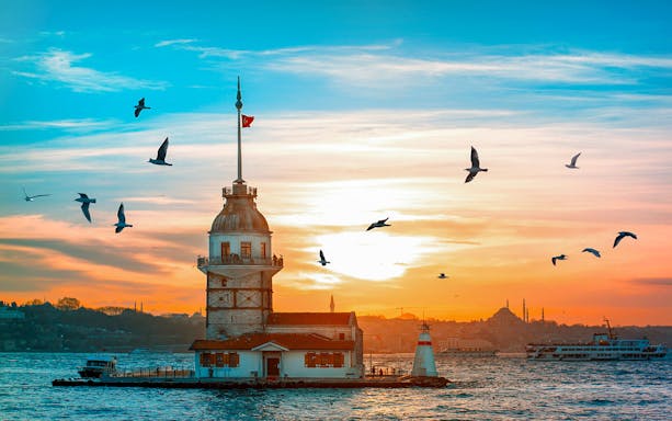 Bosphorus sunset view with Maiden's Tower and seagulls, Istanbul.