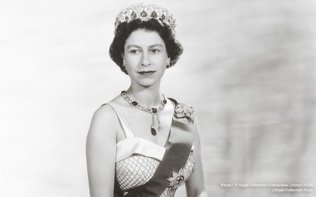 Queen Elizabeth II wearing a tiara and sash, photographed by Baron.
