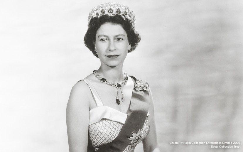 Queen Elizabeth II wearing a tiara and sash, photographed by Baron.