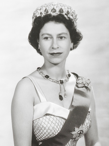 Queen Elizabeth II wearing a tiara and sash, photographed by Baron.