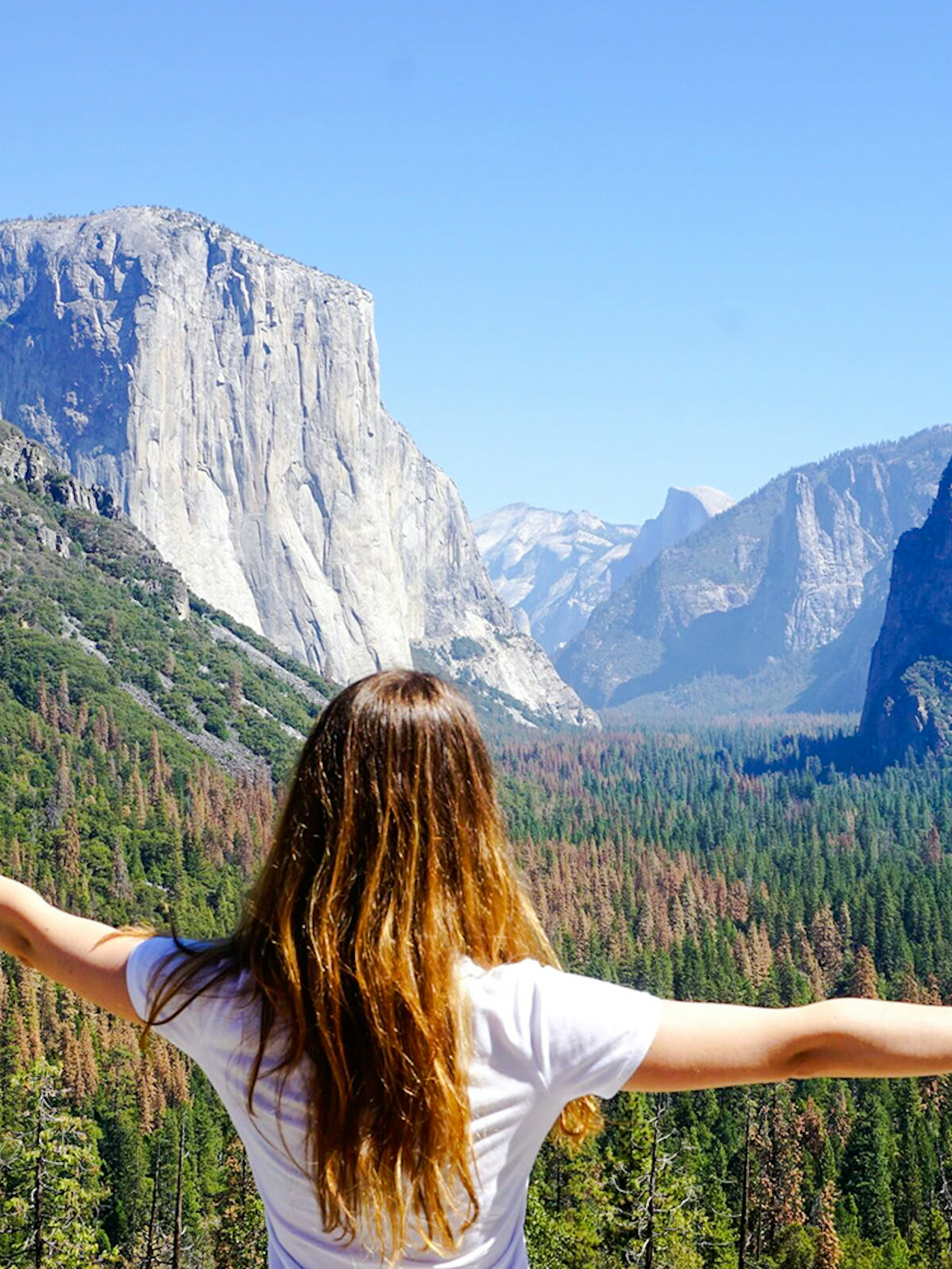 Person with arms outstretched overlooking El Capitan in Yosemite National Park.