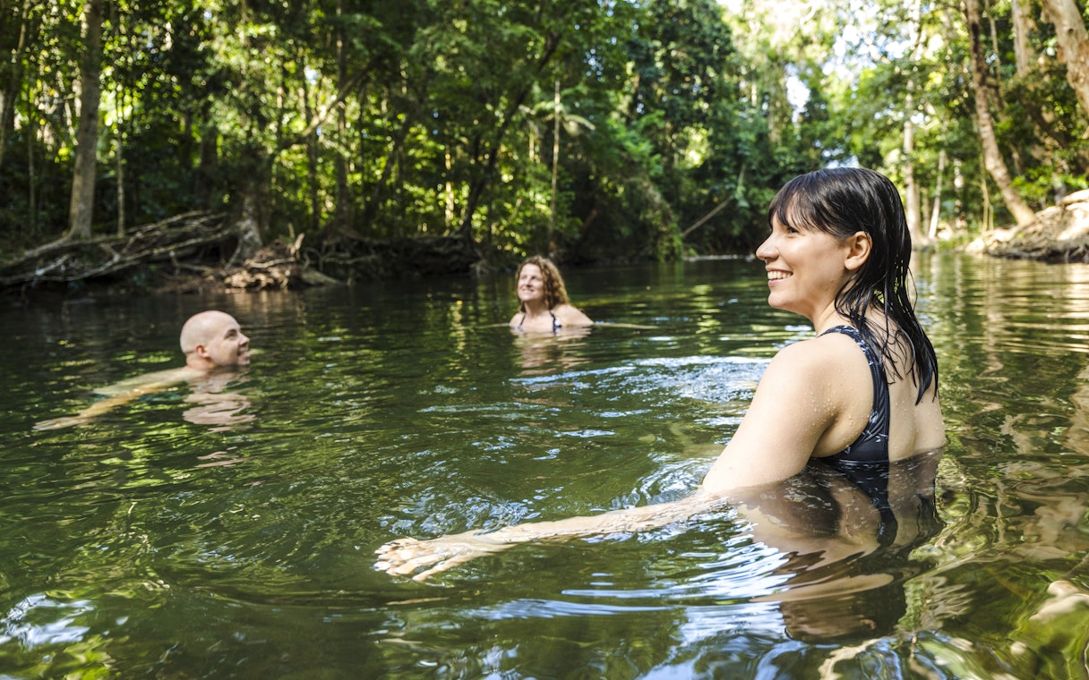 People swimming in a lush rainforest creek during Billy Tea Safaris tour, Daintree & Cape Tribulation.
