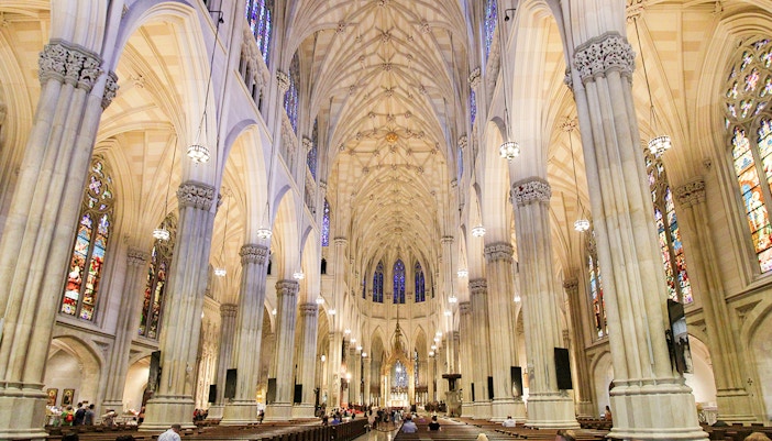 St. Patrick's Cathedral New York interior with Gothic architecture and twin spires.