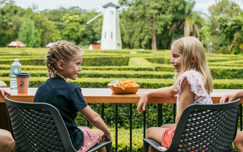 Children enjoying snacks at a table with a hedge maze and windmill in Amaze World.
