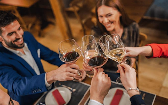 Group toasting with wine glasses during Brazilian wine tasting in Rio de Janeiro.