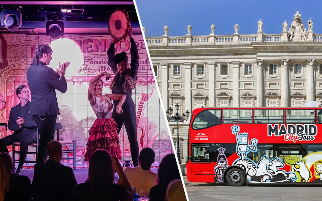 Flamenco dancers performing at Tablao La Carmela and Madrid City Tour bus in front of Royal Palace.
