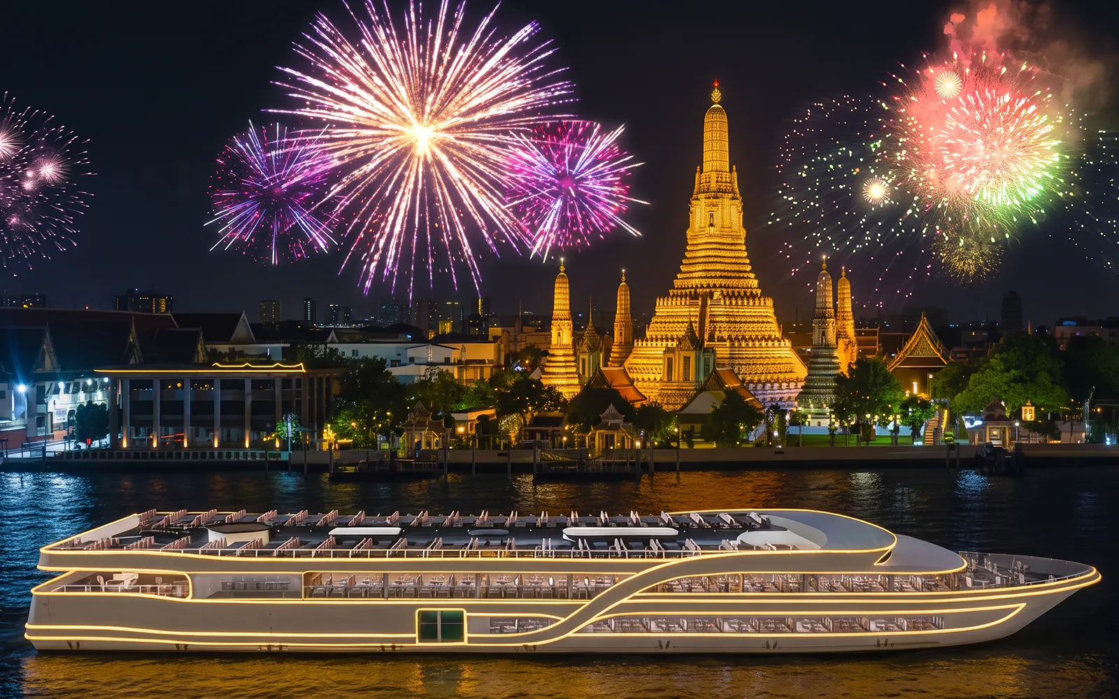 Cruise ship on Chao Phraya River with Wat Arun and fireworks, Bangkok.