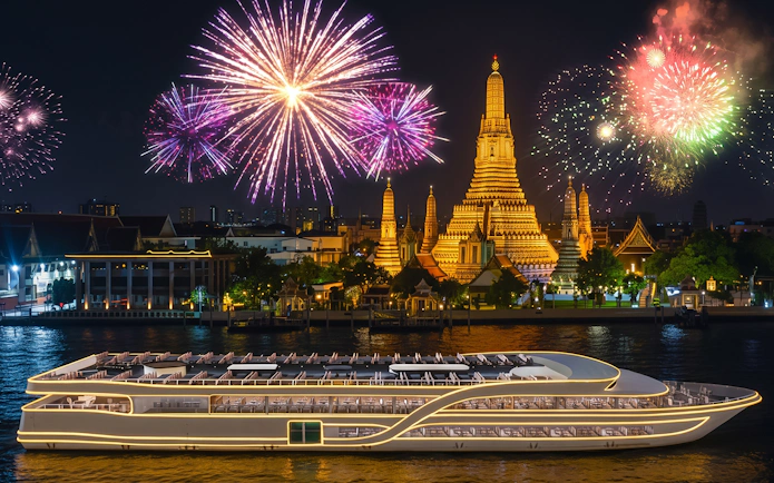 Cruise ship on Chao Phraya River with Wat Arun and fireworks, Bangkok.