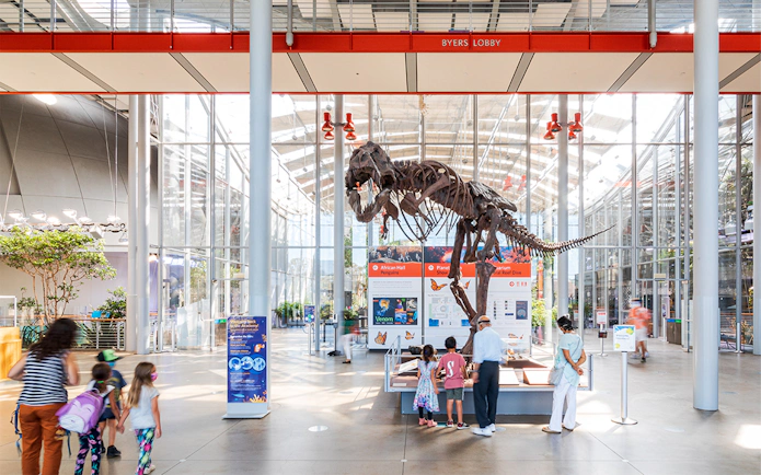 T-Rex skeleton display in the lobby of the California Academy of Sciences.