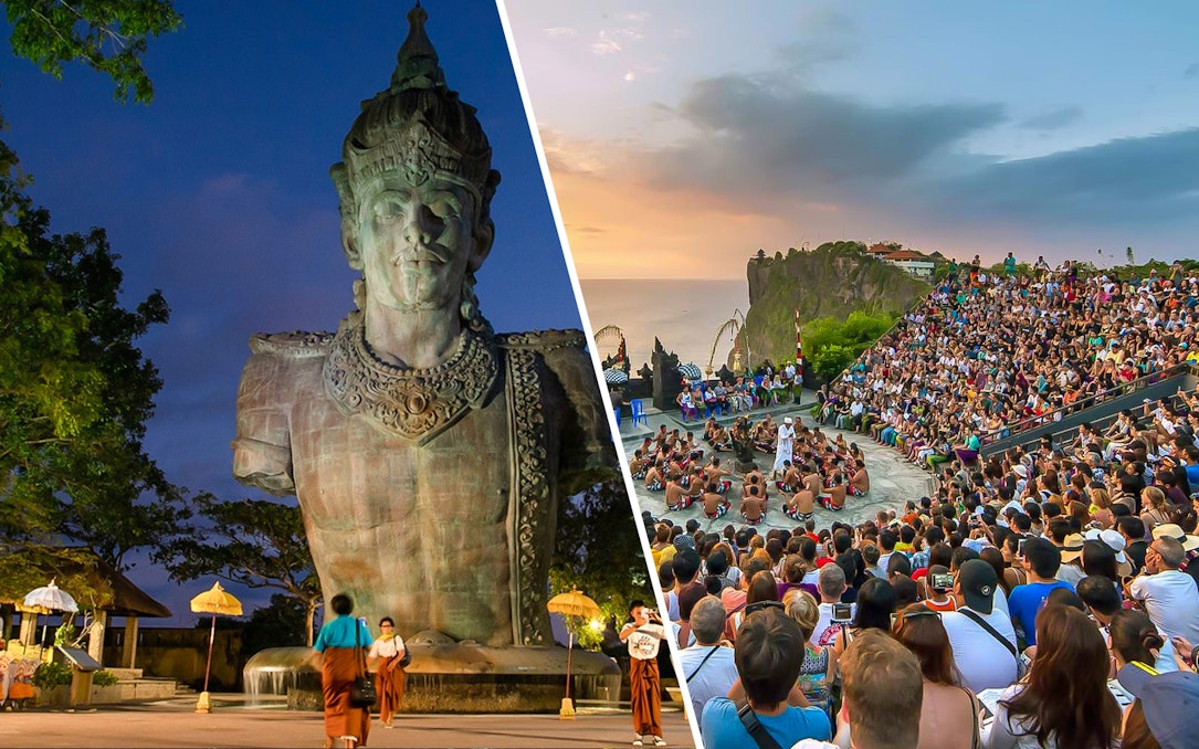 Garuda Wisnu Kencana statue and Kecak dance performance at Uluwatu Temple, Bali.