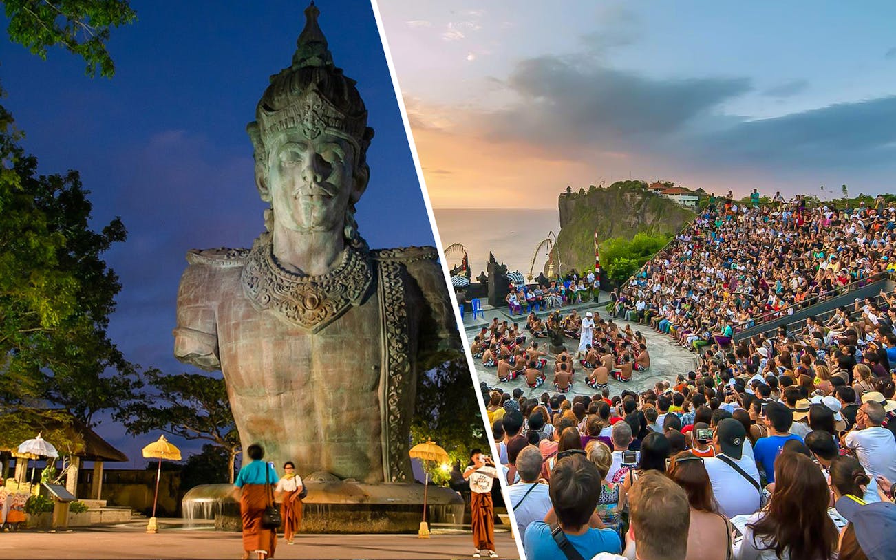 Garuda Wisnu Kencana statue and Kecak dance performance at Uluwatu Temple, Bali.