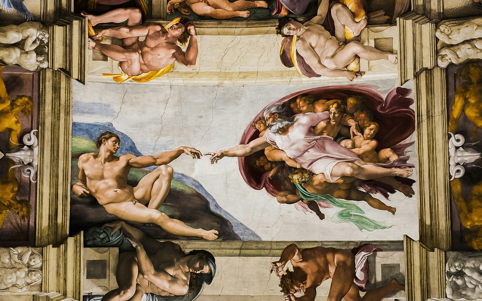 Creation of Adam fresco by Michelangelo in Vatican Museum ceiling.
