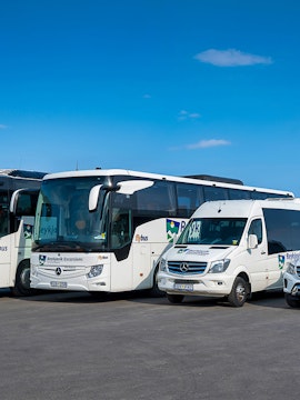 Flybus vehicles parked at Reykjavik Excursions terminal in Iceland.