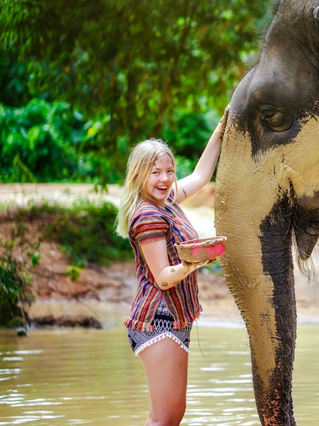 Woman applying mud to an elephant at Elephant Jungle Sanctuary, Phuket, Thailand.